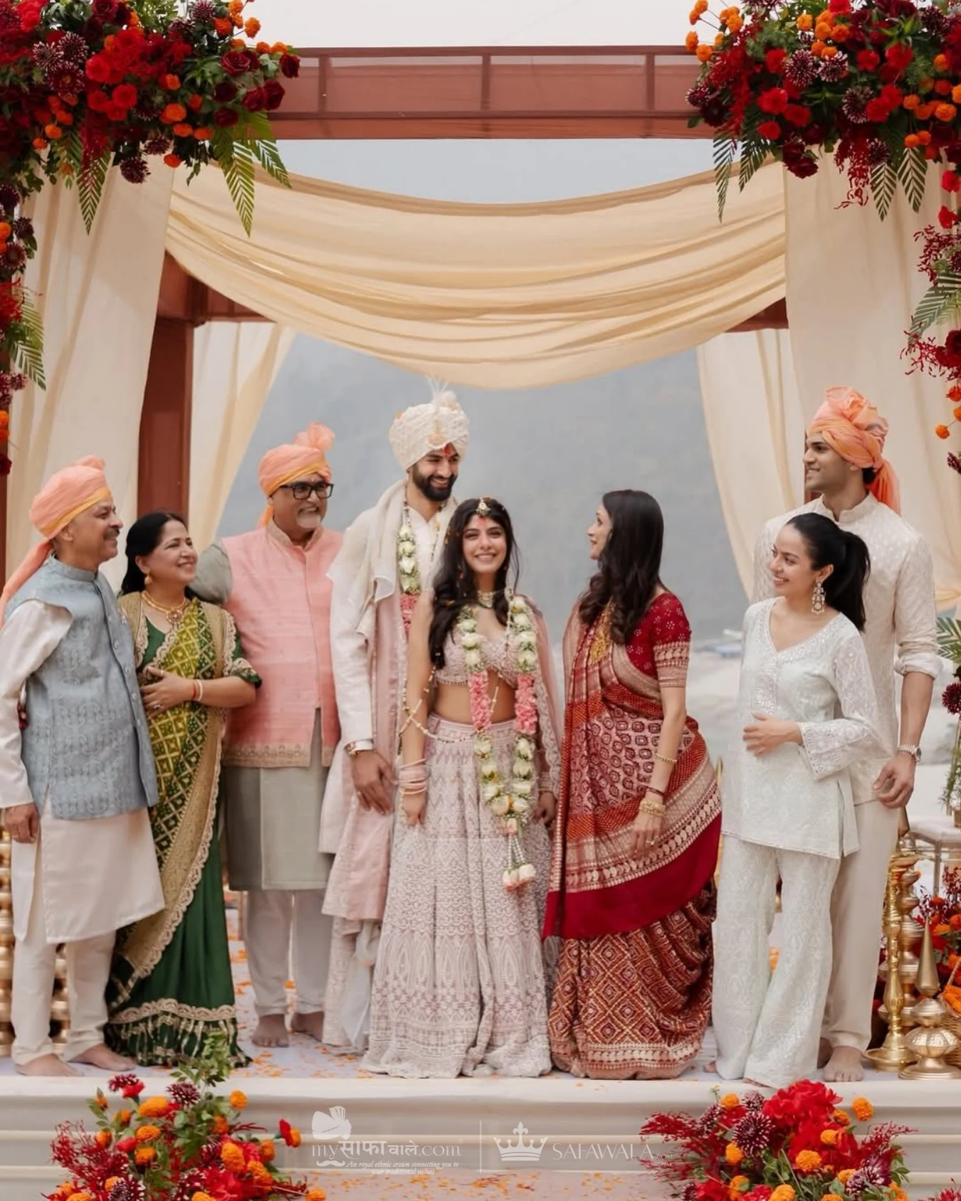 destination wedding safa in Dubai – Royal red wedding safa and embroidered groom styling